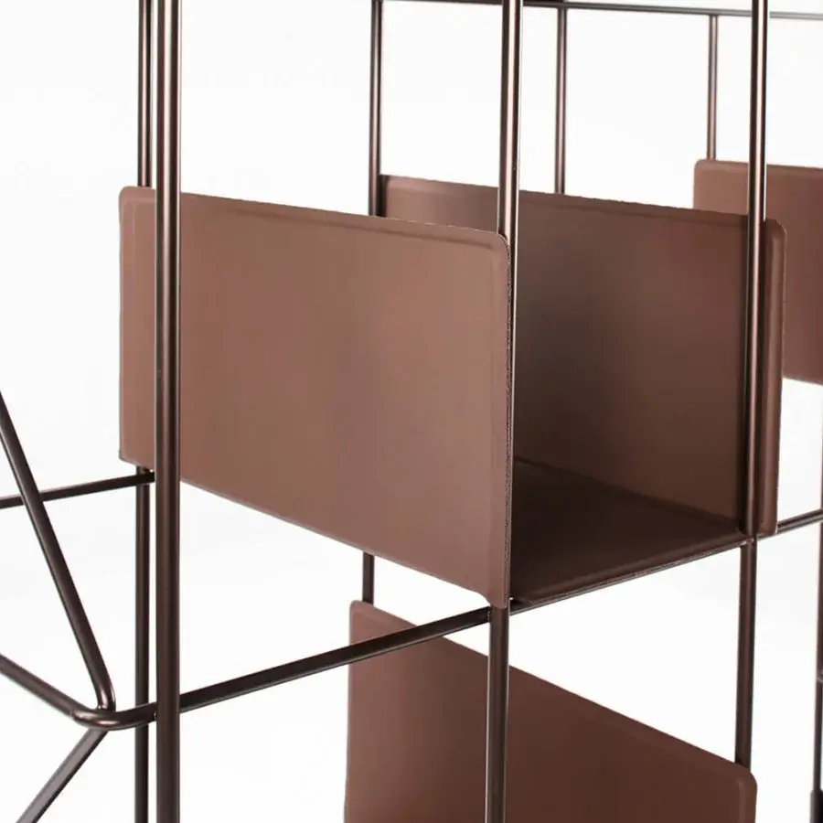 Exceptional Casamania Network bookcase with a slim metallic structure and mobile brown faux leather thermoformed panels