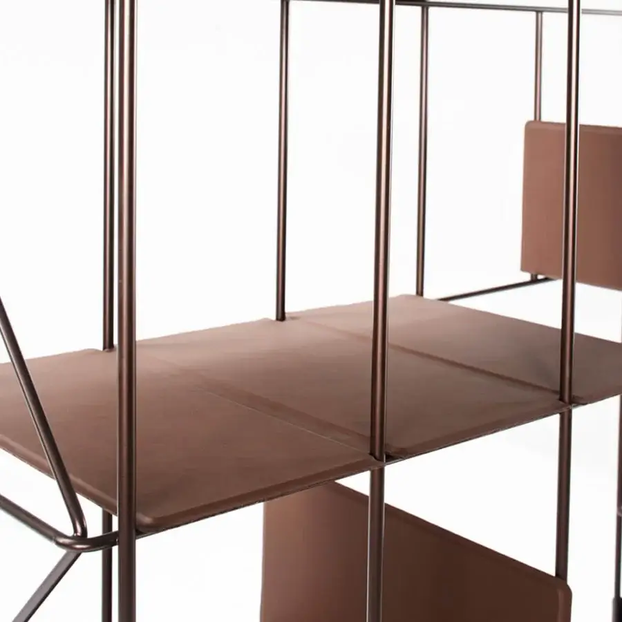 Superior Casamania Network bookcase with a slim metal structure and mobile brown thermoformed faux leather panels with a matte finish