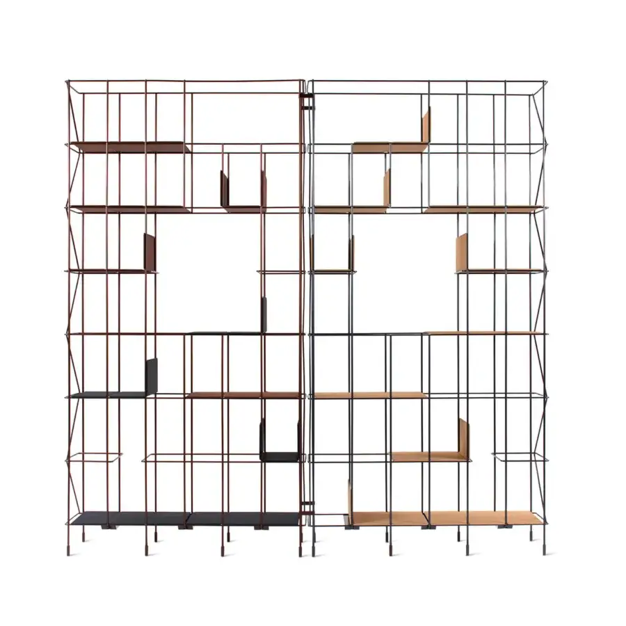 Elegant Casamania Network bookcase with a metal frame in reddish-brown and black matte, plus wooden shelves in dark and light brown tones