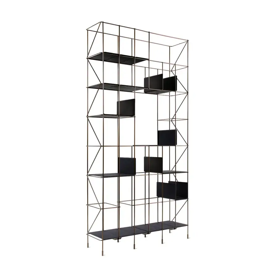 Distinguished Casamania Network bookcase with a slim modular structure in bronze-like metal and black thermoformed faux leather shelves