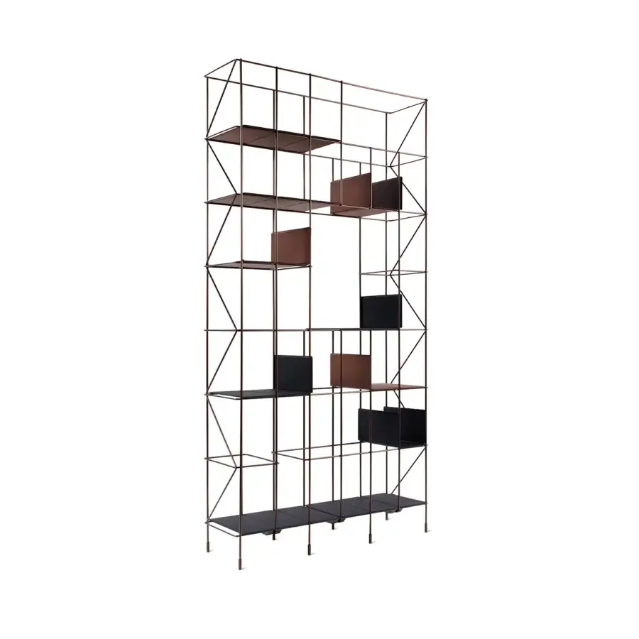Exceptional Casamania Network bookcase with a lightweight modular structure in brown matte metal and black thermoformed faux leather panels