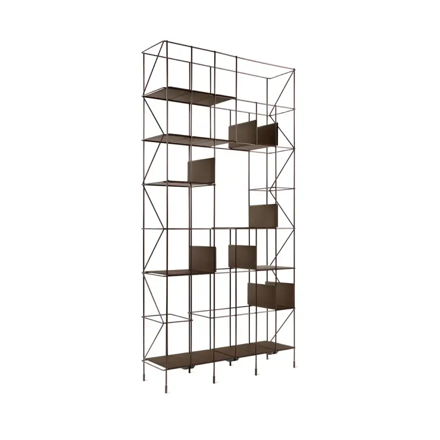 Superior Casamania Network bookcase with a slim metallic structure and thermoformed faux leather panels in dark brown matte finish