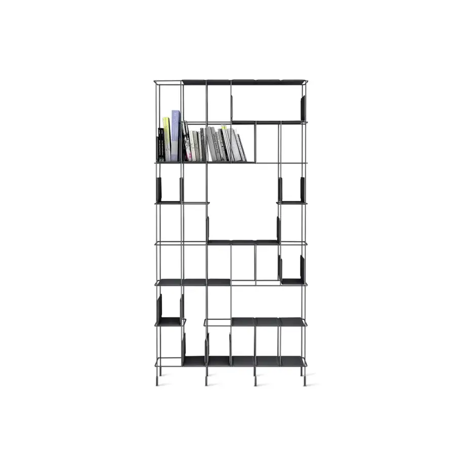 Elegant Casamania Network bookcase with a lightweight metal grid and mobile thermoformed faux leather panels in a matte finish