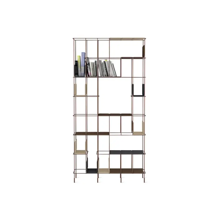 Distinguished Casamania Network bookcase with an open reddish-brown metal grid and thermoformed faux leather panels in varying brown tones