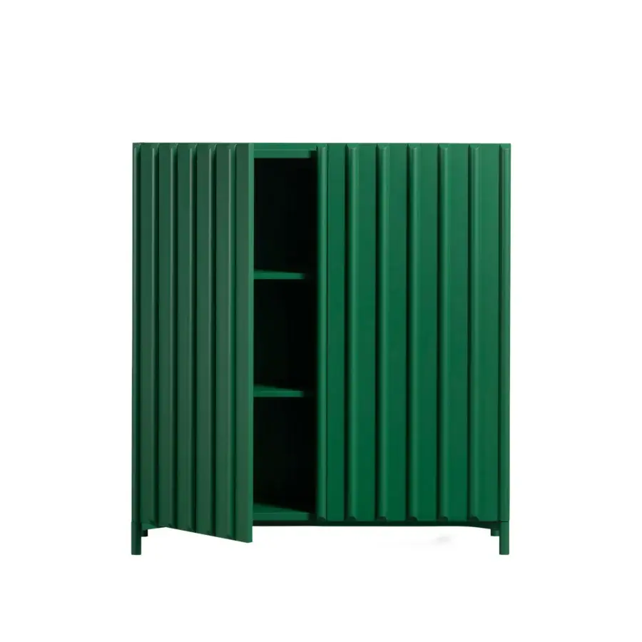 Distinguished Miniforms Containerup bar cabinet with a matte green lacquered finish and open shelving built in Italy