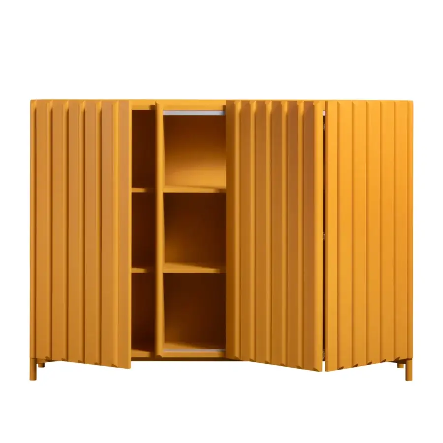 Superior Miniforms Containerup bar cabinet in yellow-orange lacquered wood with vertically ribbed door fronts and simple legs