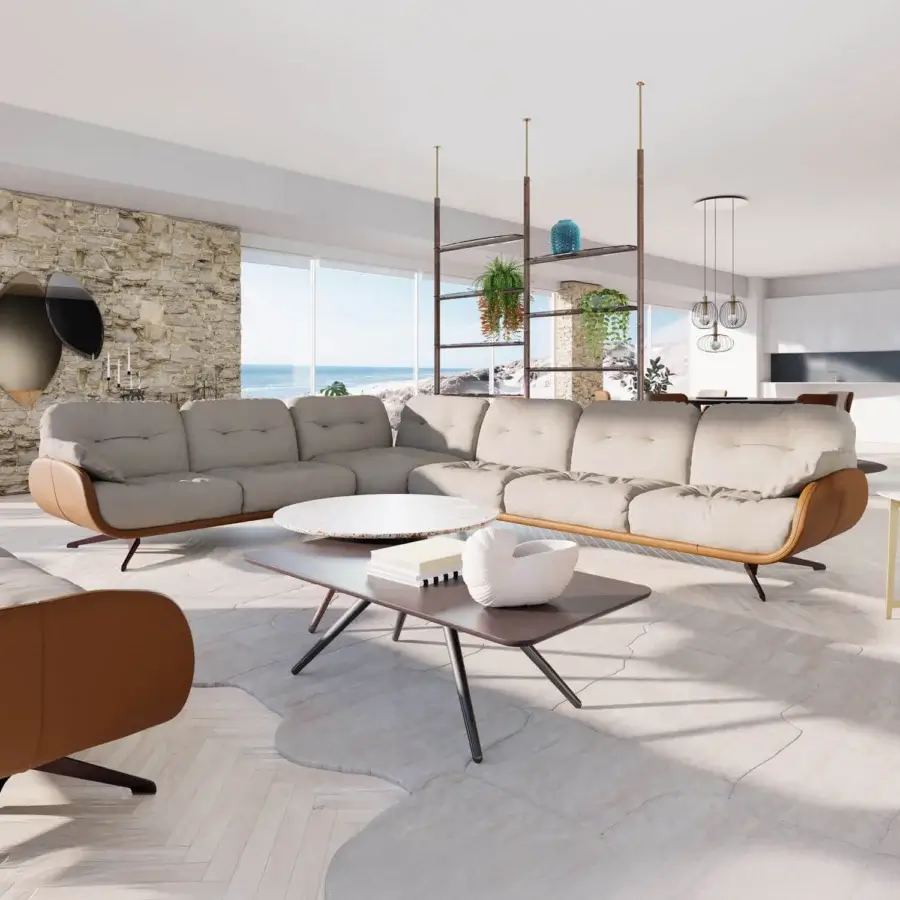 Refined Borzalino Ayton sectional with curved beige textile upholstery and smooth brown base built on dark lacquered metal feet