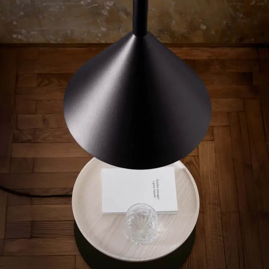 Superior Miniforms Ozz floor lamp crafted in Italy with a sleek matte black finish and balanced geometric form