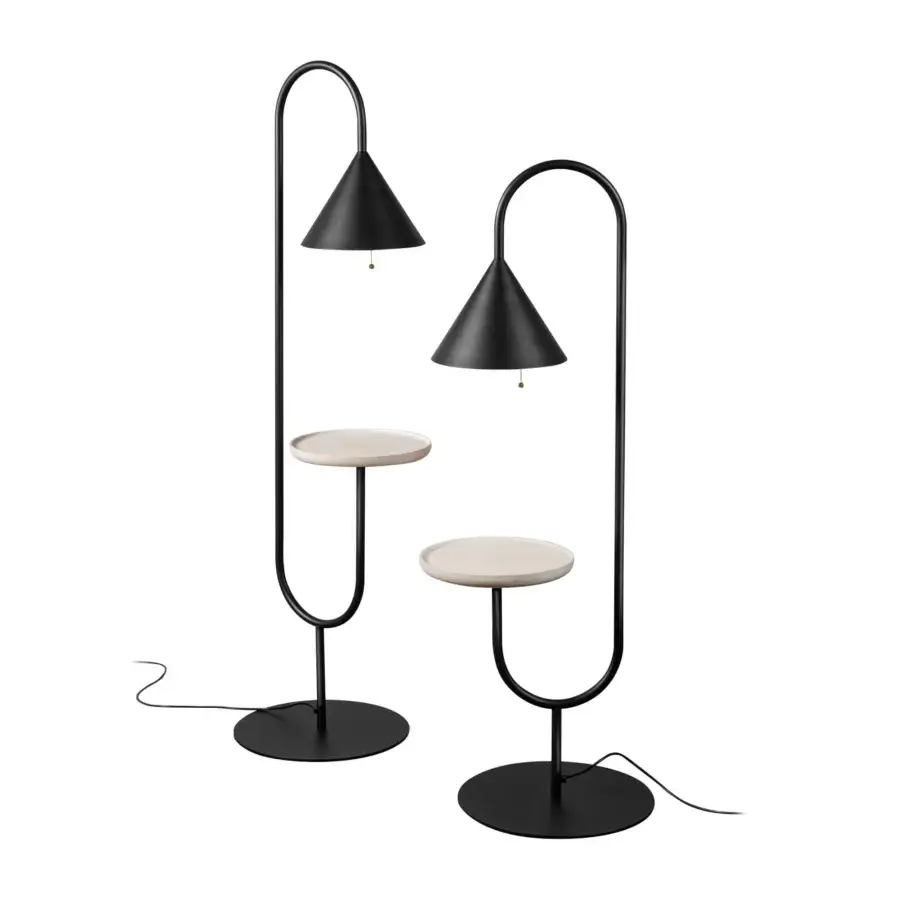 Elegant Miniforms Ozz floor lamp with curved black metal frame and pale wood shelf built in Italy