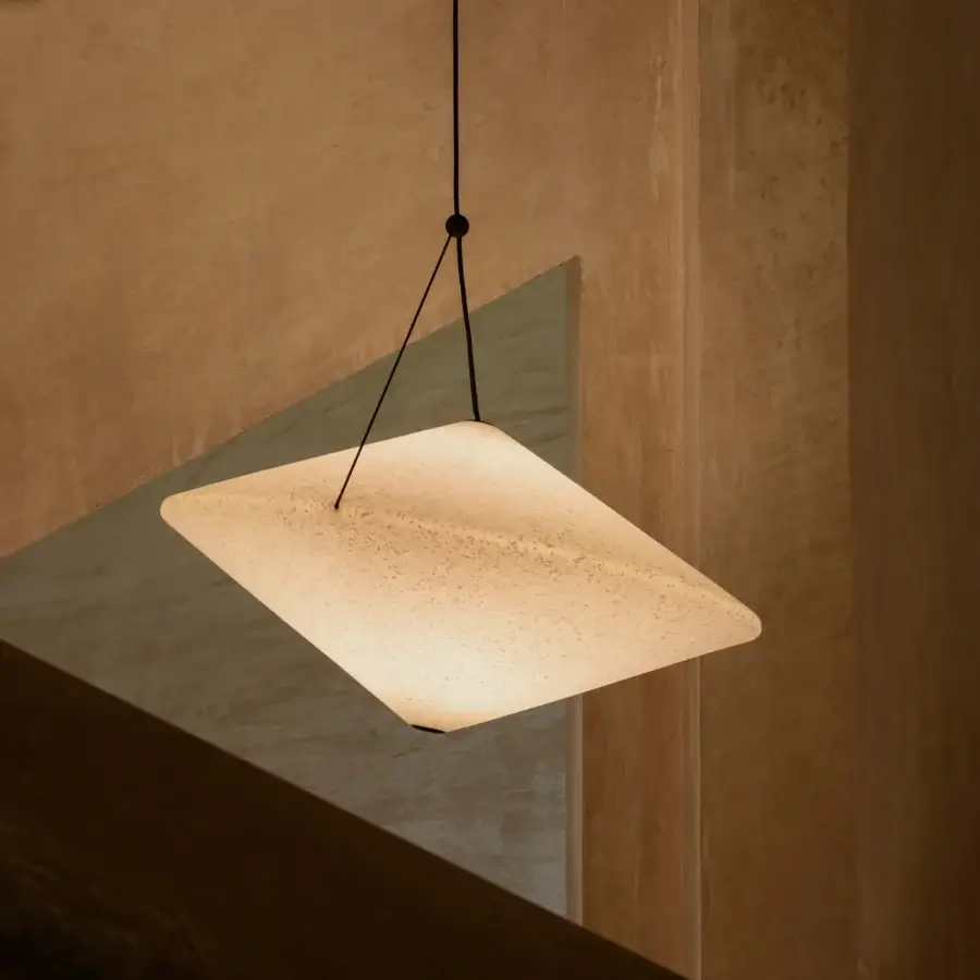 Innovative Miniforms Rificolona suspension lamp with recycled polyethylene and transparent spray finish creates warm diffused light