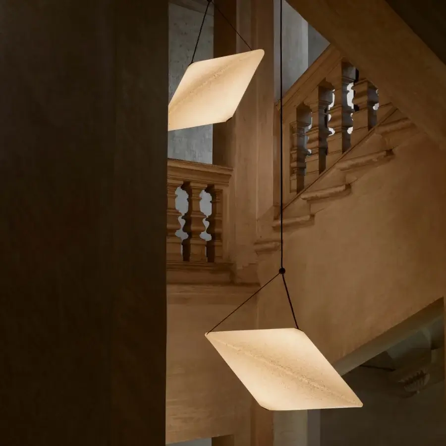 Superior Miniforms Rificolona suspension lamp in off-white recycled polyethylene with transparent spray finish