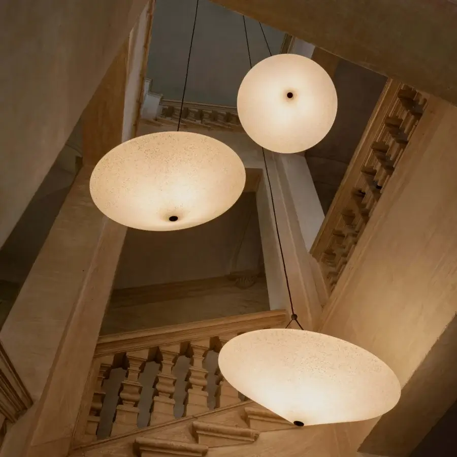 Elegant Miniforms Rificolona suspension lamp in off-white recycled polyethylene with textured matte finish