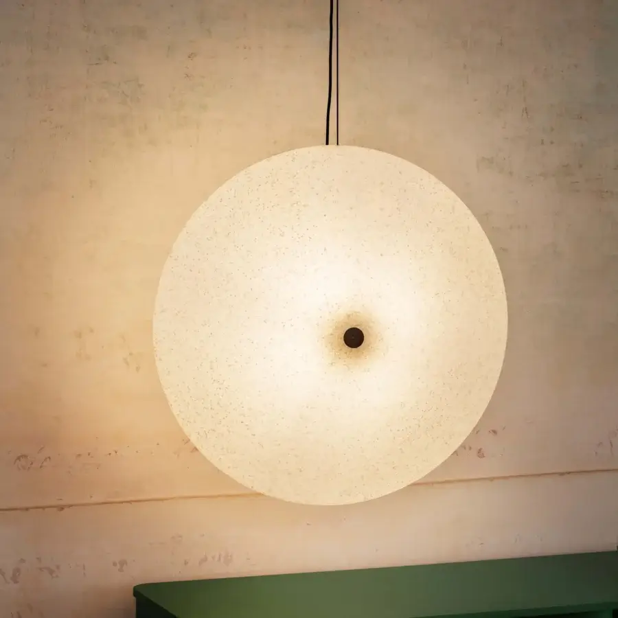Innovative Miniforms Rificolona suspension lamp in off-white recycled polyethylene with transparent matte finish