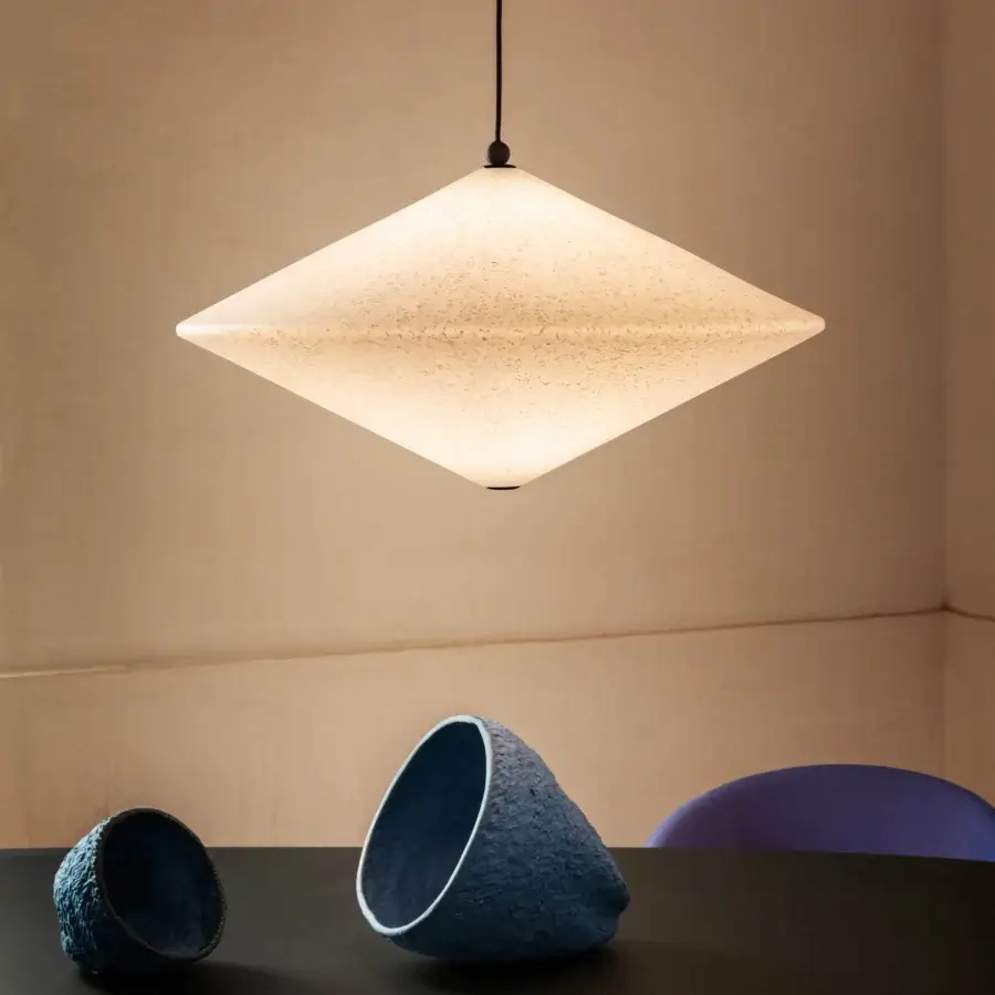 Superior Miniforms Rificolona suspension lamp in speckled recycled polyethylene with transparent finish and black cord