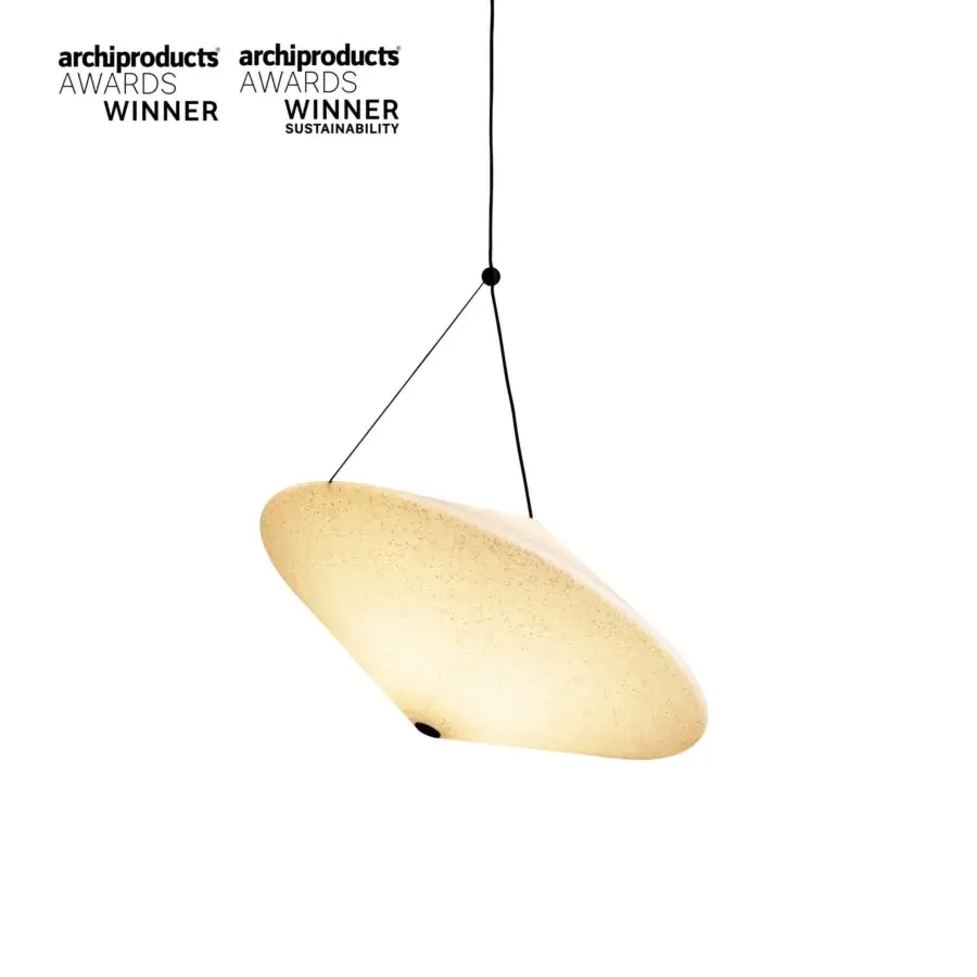 Innovative Miniforms Rificolona suspension lamp in speckled recycled polyethylene with transparent spray finish