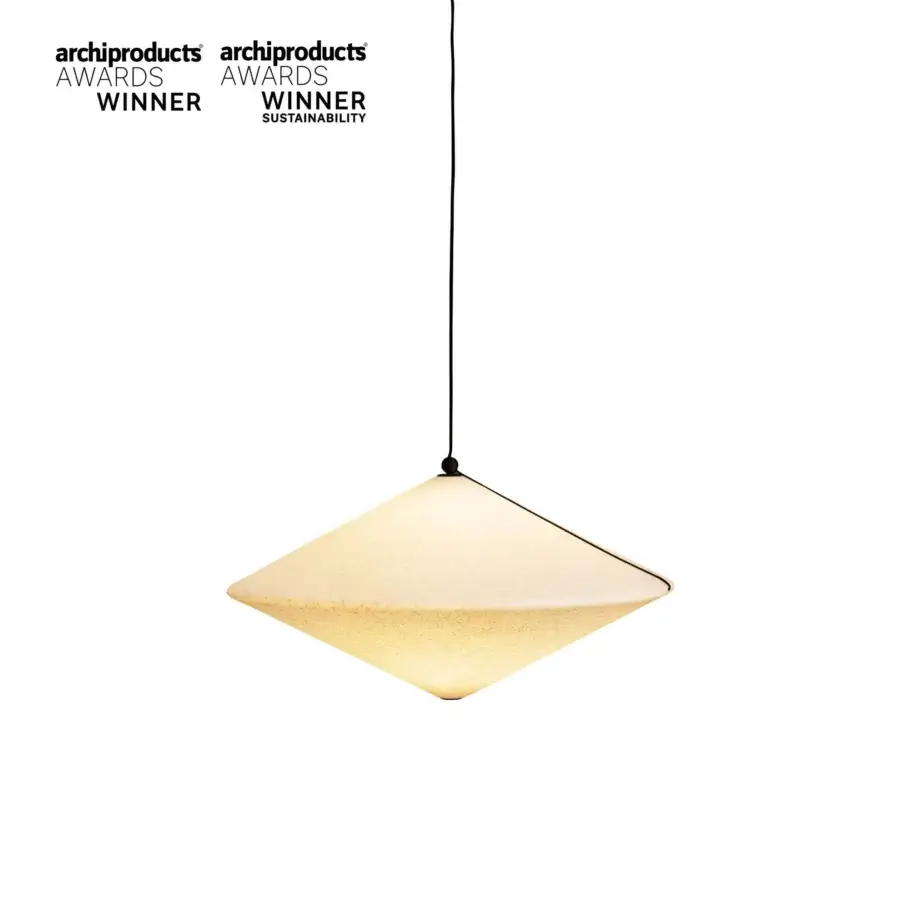 Distinguished Miniforms Rificolona suspension lamp crafted in off-white recycled polyethylene with delicate geometric form
