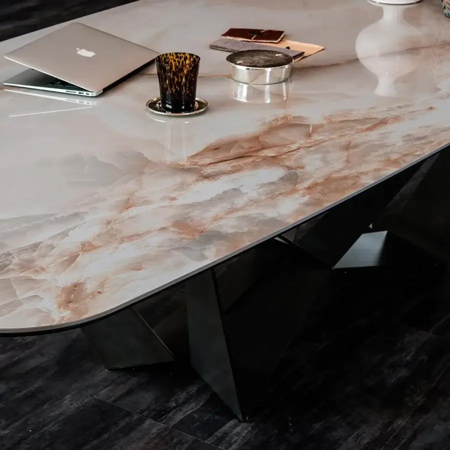 Superior Cattelan Italia Skorpio table with swirling Marmi ceramic top and titanium embossed lacquered steel base