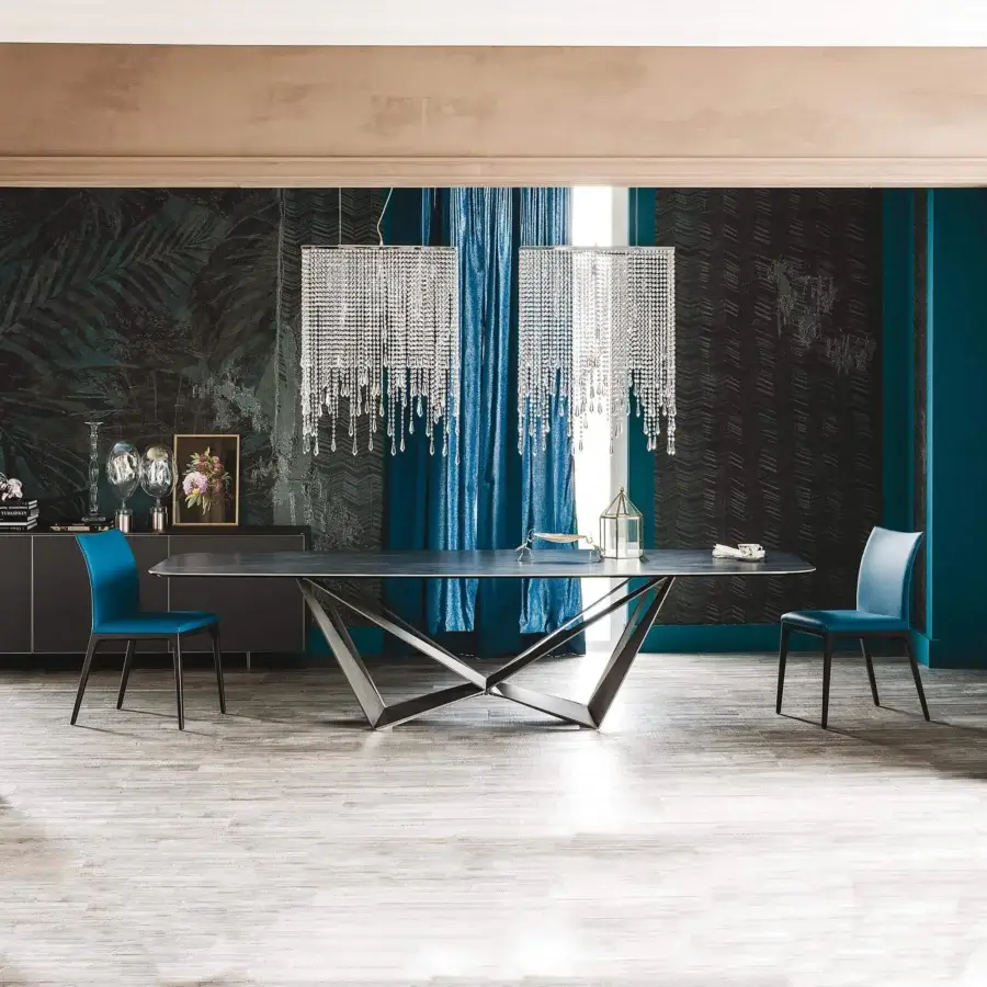 Superior Cattelan Italia Skorpio table with black embossed lacquered steel base and smooth dark Marmi ceramic top