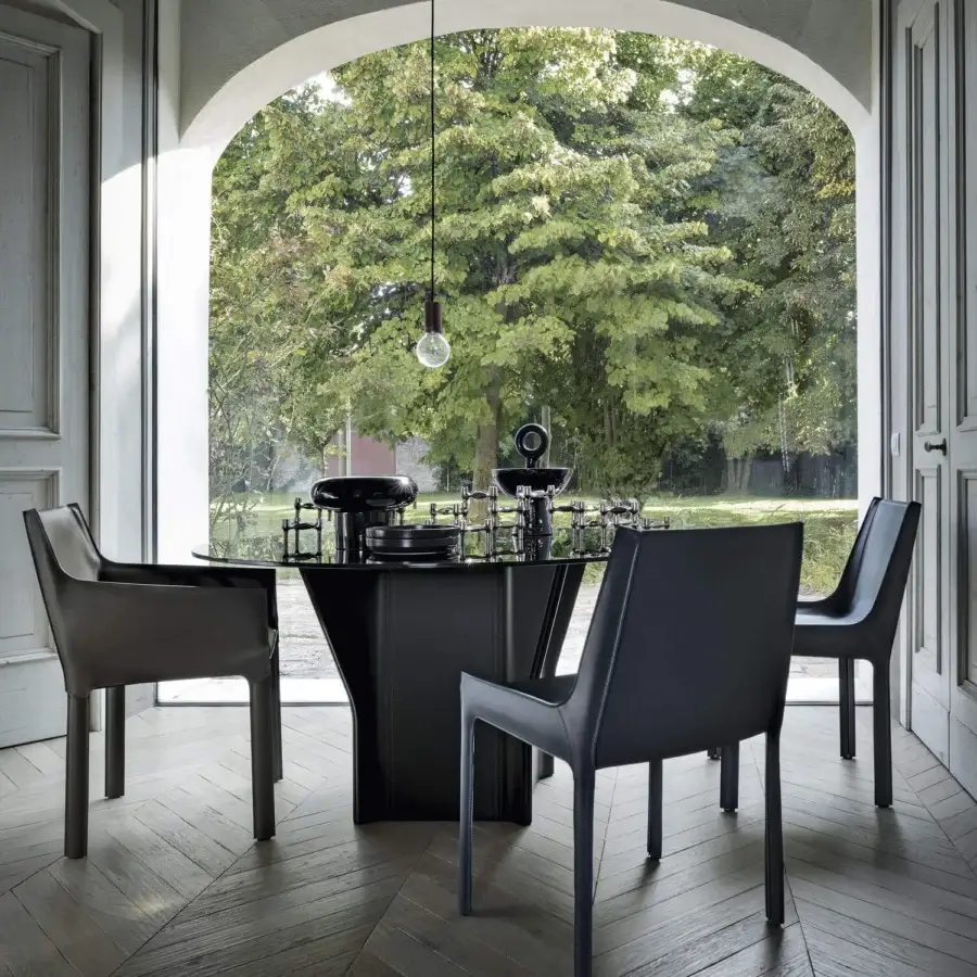 Distinguished Frag Nisida chair crafted in dark gray Saddle Leather with a matte finish and sleek angular silhouette