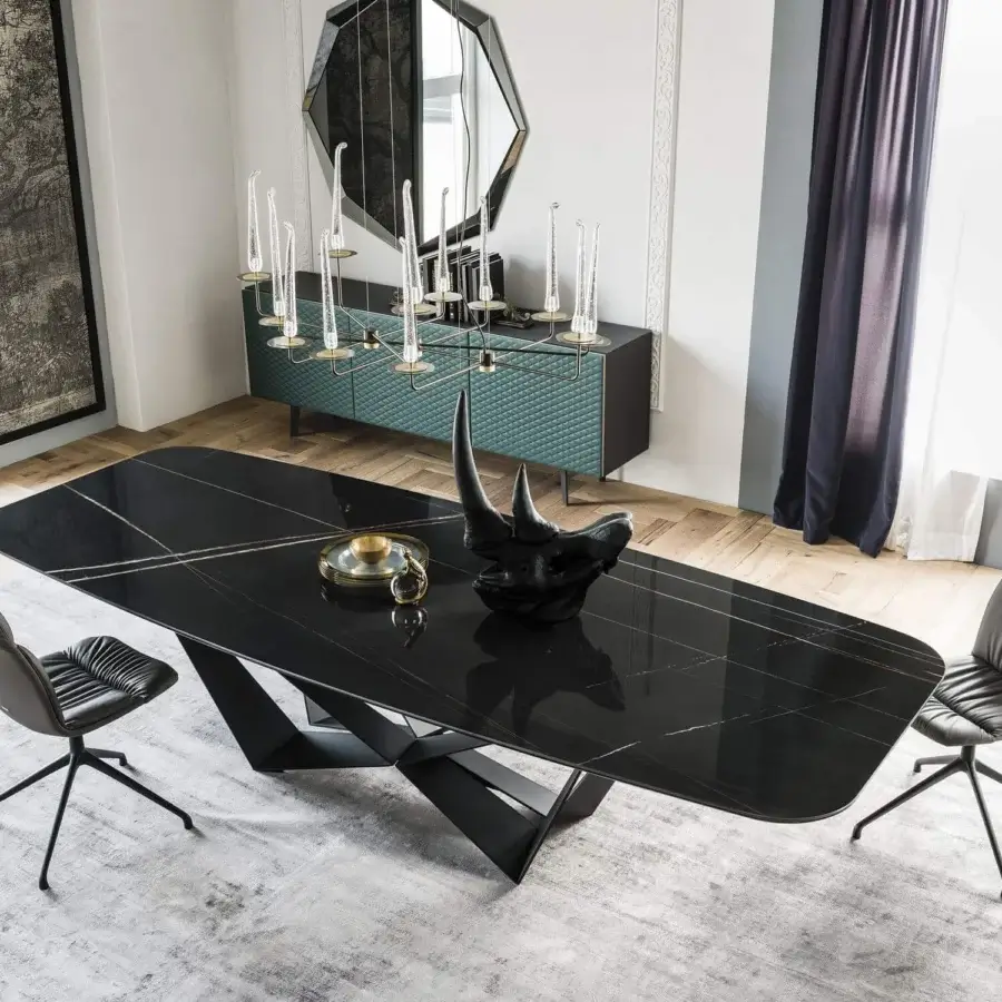 Elegant Cattelan Italia Skorpio table with Marmi ceramic top and black embossed lacquered steel base crafted in Italy