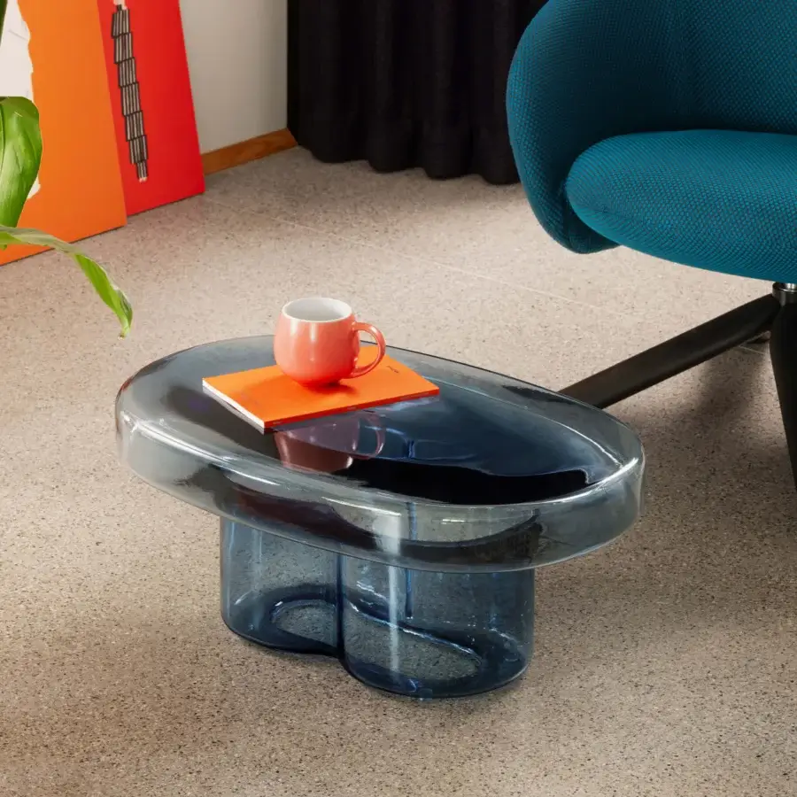 Captivating Miniforms Soda coffee table in deep blue Murano blown-glass exhibiting a glossy hammered surface with three petal-formed bases
