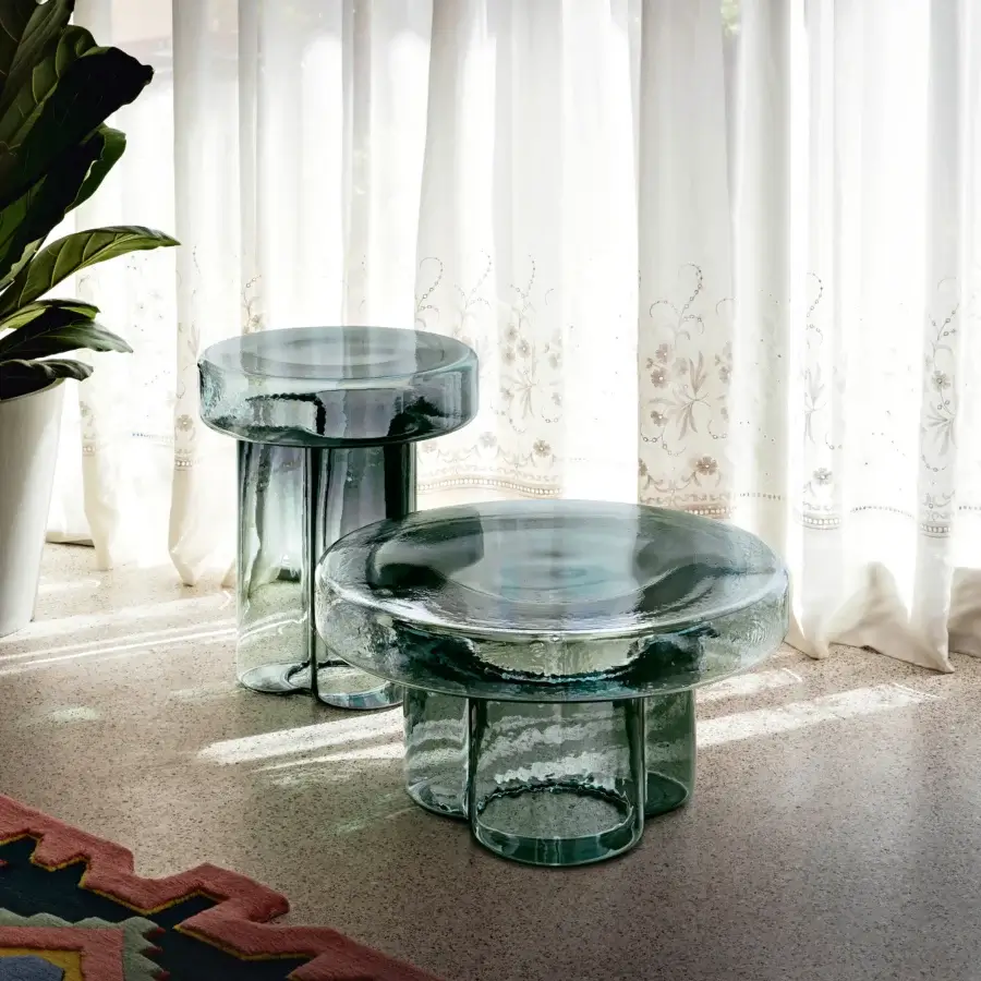 Superior Miniforms Soda coffee table crafted in greenish-blue Murano blown-glass with a hammered finish