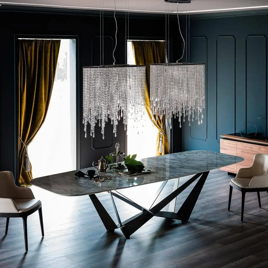 Distinguished Cattelan Italia Skorpio table with glossy Marmi ceramic top and black embossed lacquered steel base