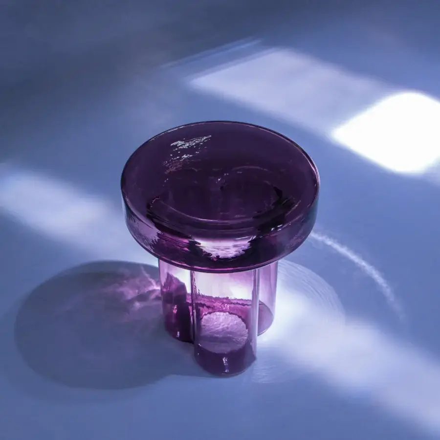Exclusive Miniforms Soda coffee table crafted in deep purple Murano blown-glass with hammered glossy finish