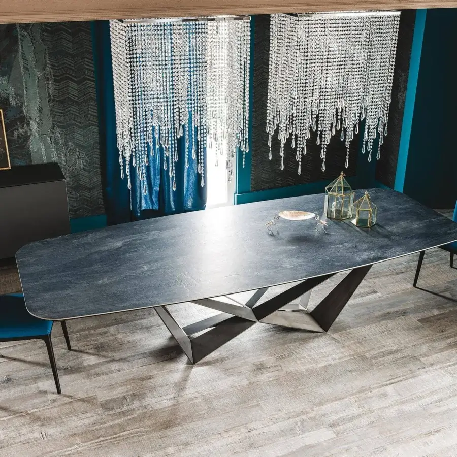 Exceptional Cattelan Italia Skorpio table with dark Marmi ceramic top and black embossed lacquered steel base in matte finish