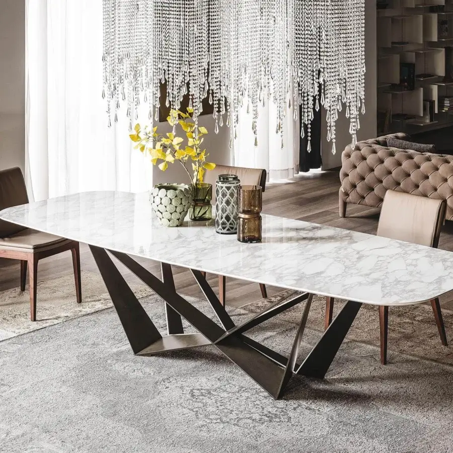 Superior Cattelan Italia Skorpio table with white and gray Marmi ceramic top and black embossed lacquered steel base