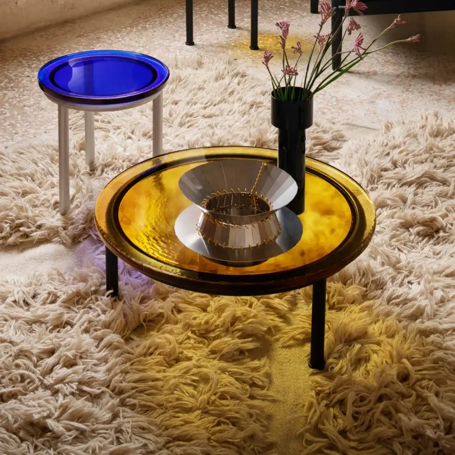 Exclusive Miniforms Zigo coffee table with concentric centres and gold-toned finish alongside black accents