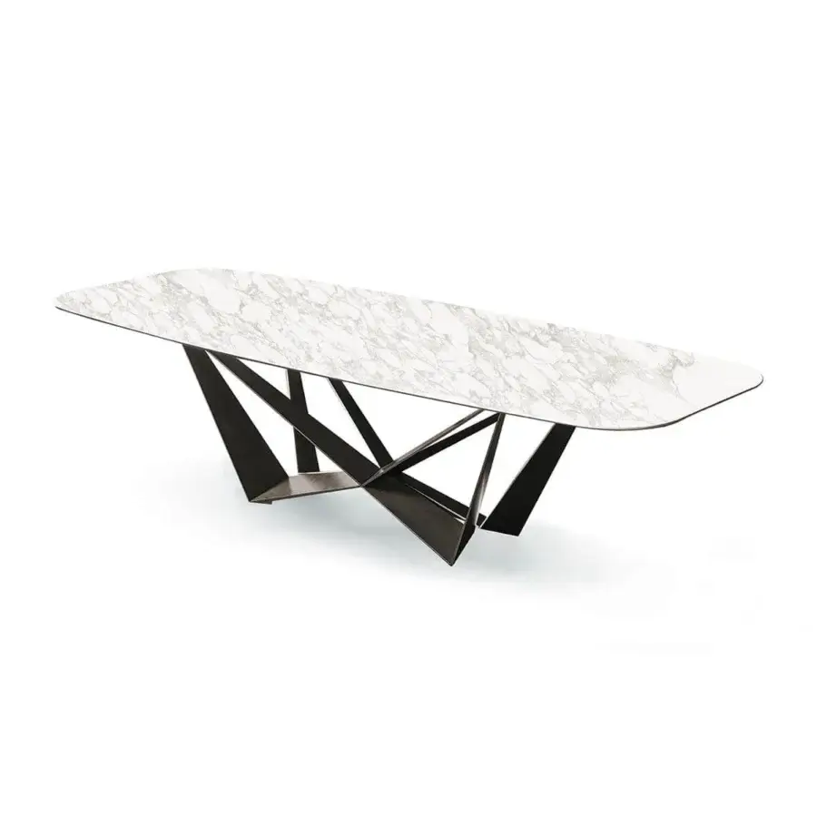 Elegant Cattelan Italia Skorpio table with white Marmi ceramic top and black embossed lacquered steel base