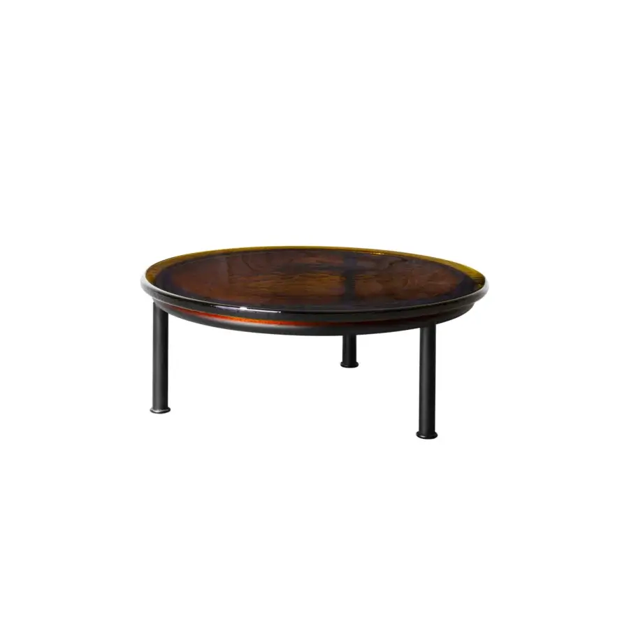 Elegant Miniforms Zigo coffee table with concentric centres, dark brown wood-like surface and black cylindrical legs