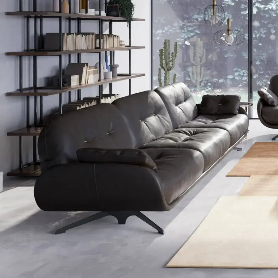 Superior Borzalino Ayton sofa with supple leather upholstery and distinctive button-tufted cushions built with a lacquered metal base