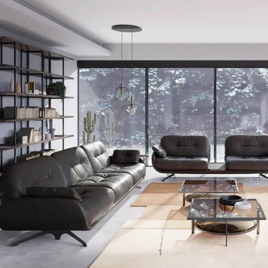 Elegant Borzalino Ayton sofa with dark brown leather-like upholstery and lacquered outward-angled metal legs