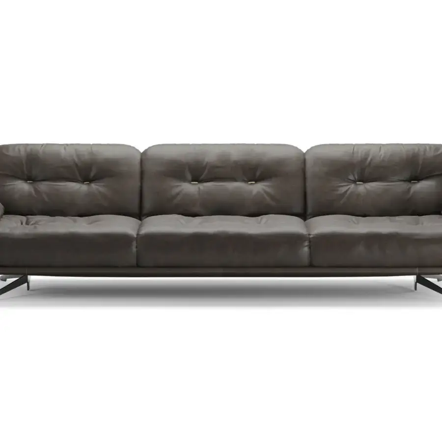 Distinguished Borzalino Ayton sofa with dark gray leather upholstery and angled dark lacquer metal legs built with compact zig zag embroidery