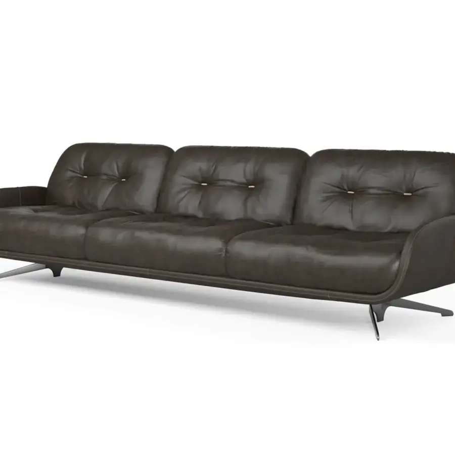 Superior Borzalino Ayton sofa with brown leather-like mono-cover and dark metal legs displaying zig zag double stitching craftsmanship