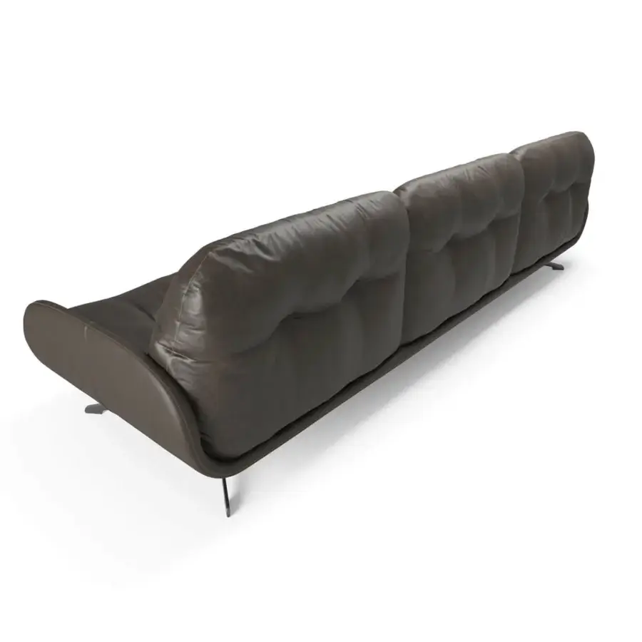 Elegant Borzalino Ayton sofa with dark brown leather upholstery and lacquered metal feet crafted with a curved metal structure