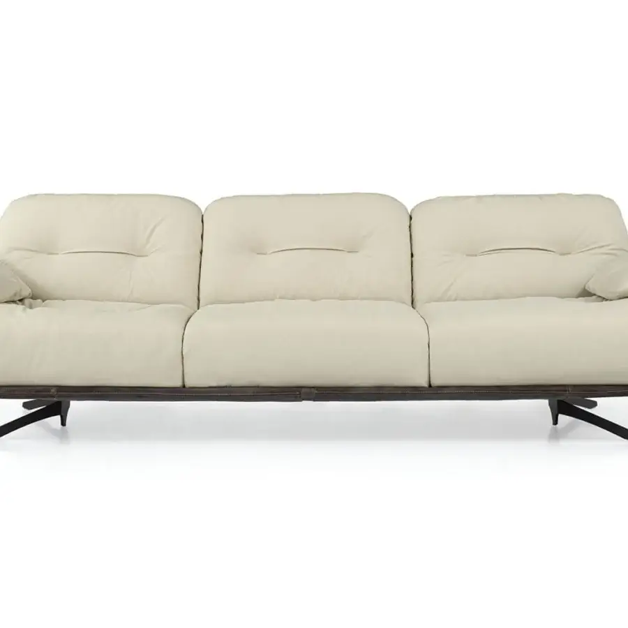 Exceptional Borzalino Ayton sofa with cream textile upholstery and dark lacquered metal frame exhibiting double stitching