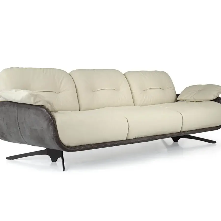 Distinguished Borzalino Ayton sofa with light cream cushions and a dark frame crafted with double stitching on lacquered metal feet