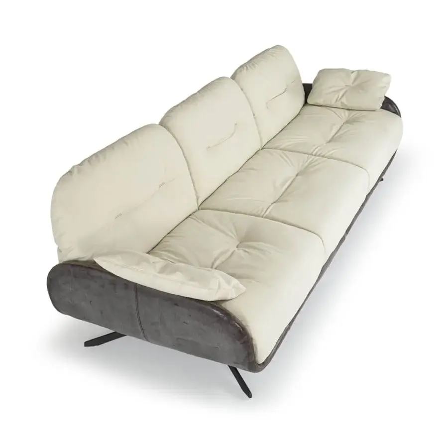 Lavish Borzalino Ayton sofa with channeled feather quilt, dark brown leather and cream fabric cushions built with lacquered metal feet