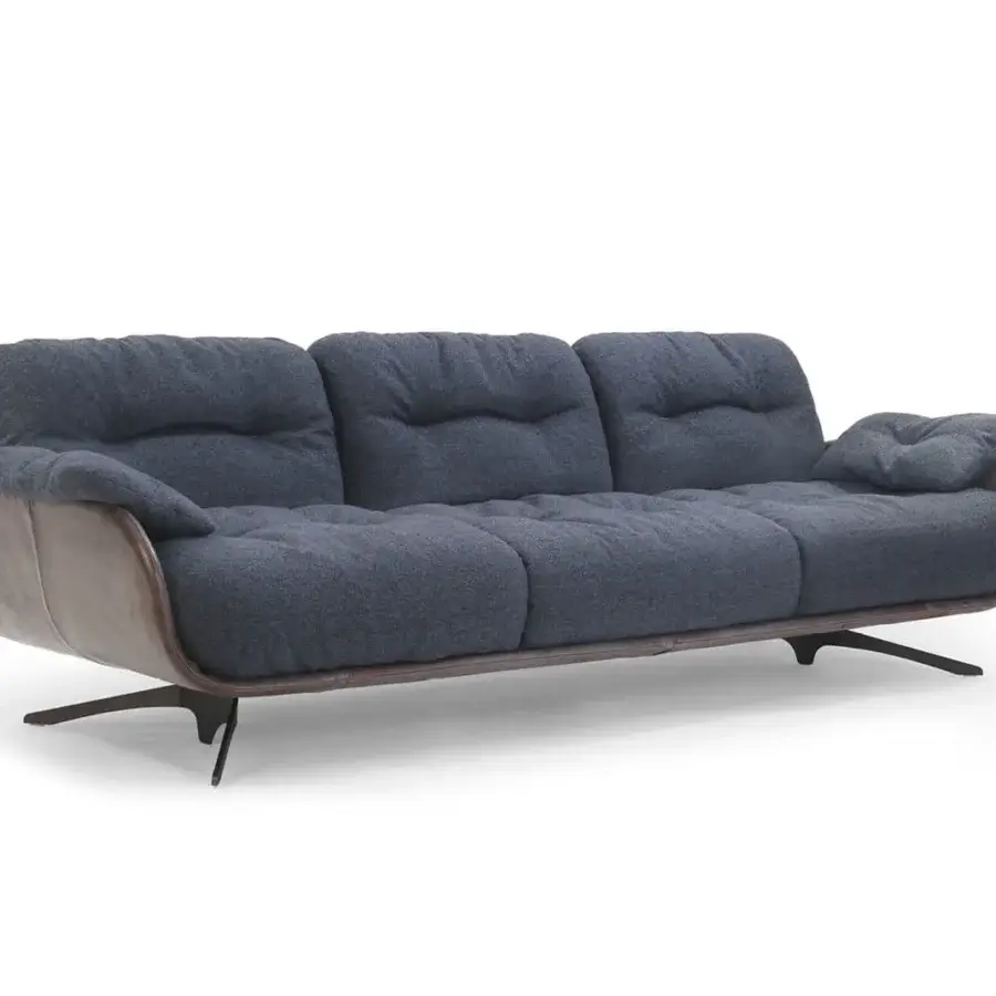 Distinguished Borzalino Ayton sofa crafted in leather with dark blue-gray fabric cushions and lacquered metal feet