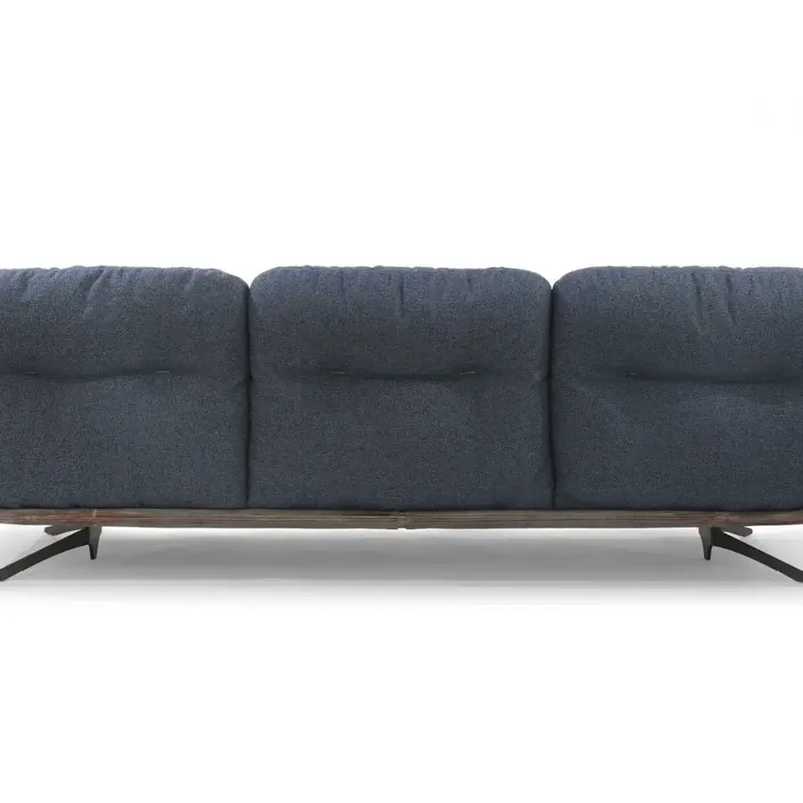 Exceptional Borzalino Ayton sofa with dark blue-gray textile cushions and a curved matte wood frame built on dark metal legs