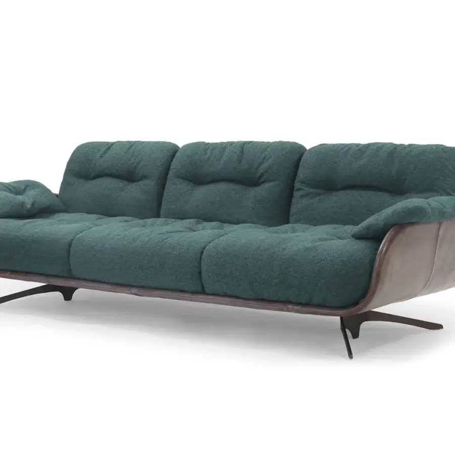 Distinguished Borzalino Ayton sofa with dark green textured upholstery and a smooth brown leather frame built with lacquered metal feet