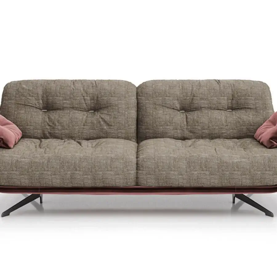 Sophisticated Borzalino Ayton sofa with curved metal and textured neutral textile upholstery, complemented by mauve tufted cushions and lacquered feet