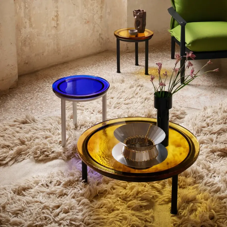 Exclusive Miniforms Zigo side table with concentric cast glass in amber and soft black metal legs