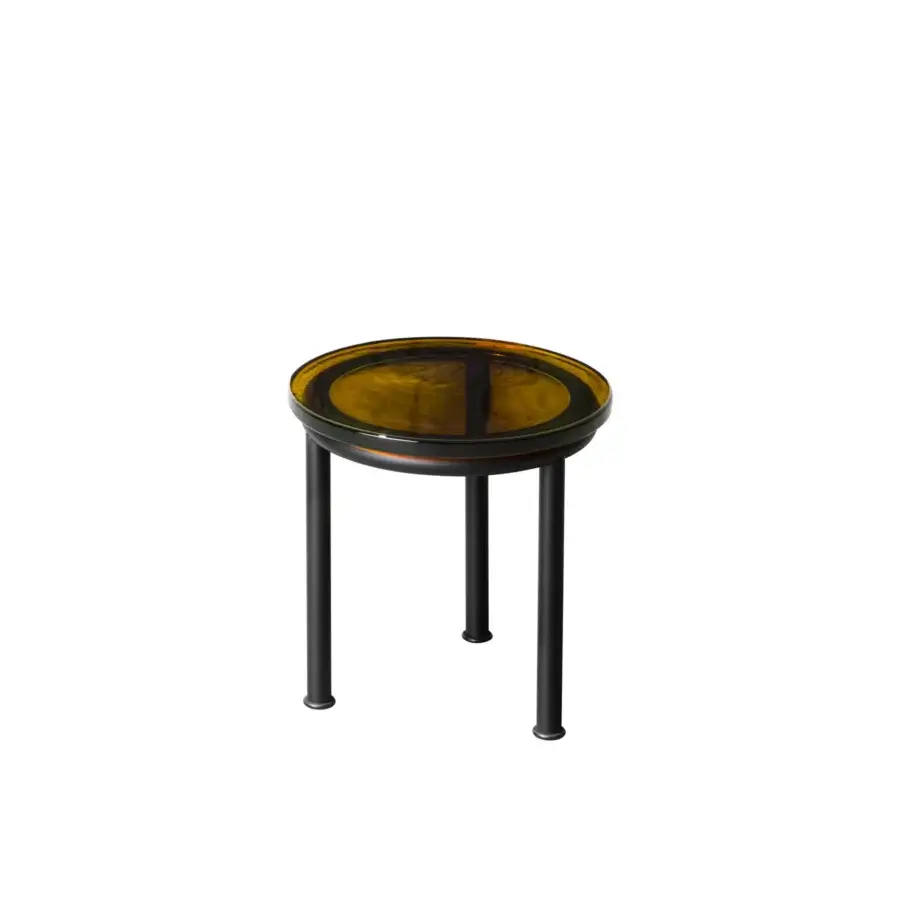 Exceptional Miniforms Zigo side table in amber cast glass with matte dark metal legs evoking a contemporary retro aesthetic