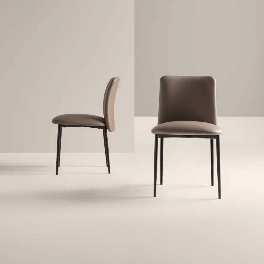 Harmonious Frag Siloe chair with soft matte gray-brown upholstery and dark metal frame built in Italy