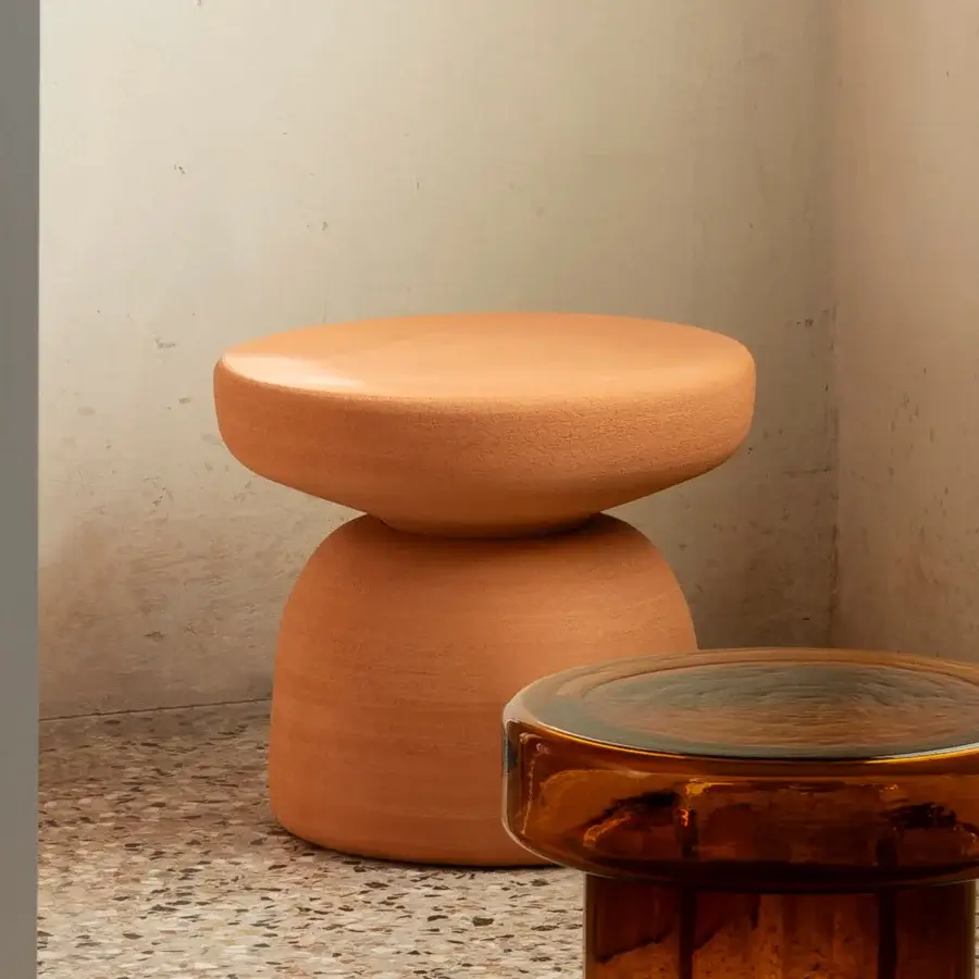 Exceptional Miniforms Tototò coffee table crafted from high-temperature fired terracotta in earthy orange with a matte finish