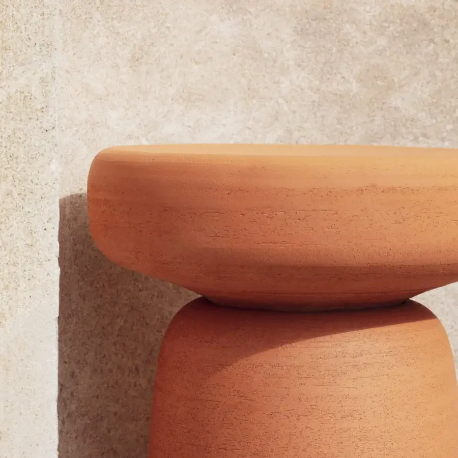 Elegant Miniforms Tototò side table crafted from terracotta with a textured matte reddish-brown finish